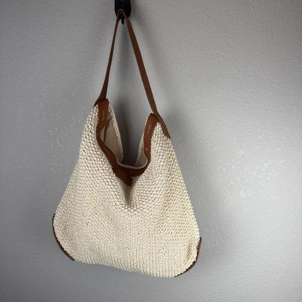 Lucky Brand Ivory Cotton Crochet Leather Trim Boho Hobo Shoulder Bag Purse Tote